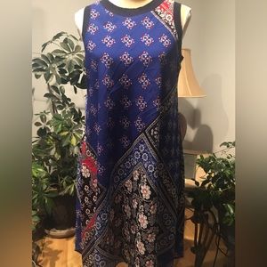 Karl Lagerfeld Red Blue & Black Dress with Handkerchief Hem & Back Zip Size 8